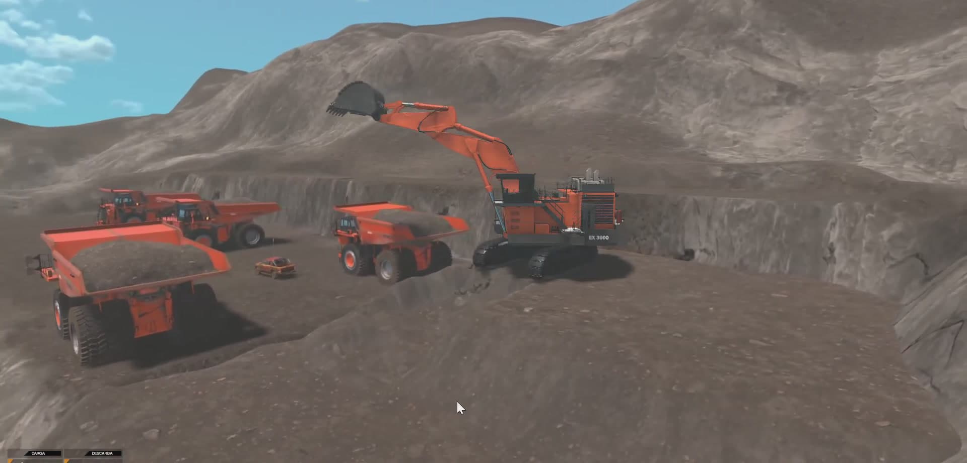 Open-pit scenario of the mining simulator with an excavator loading trucks