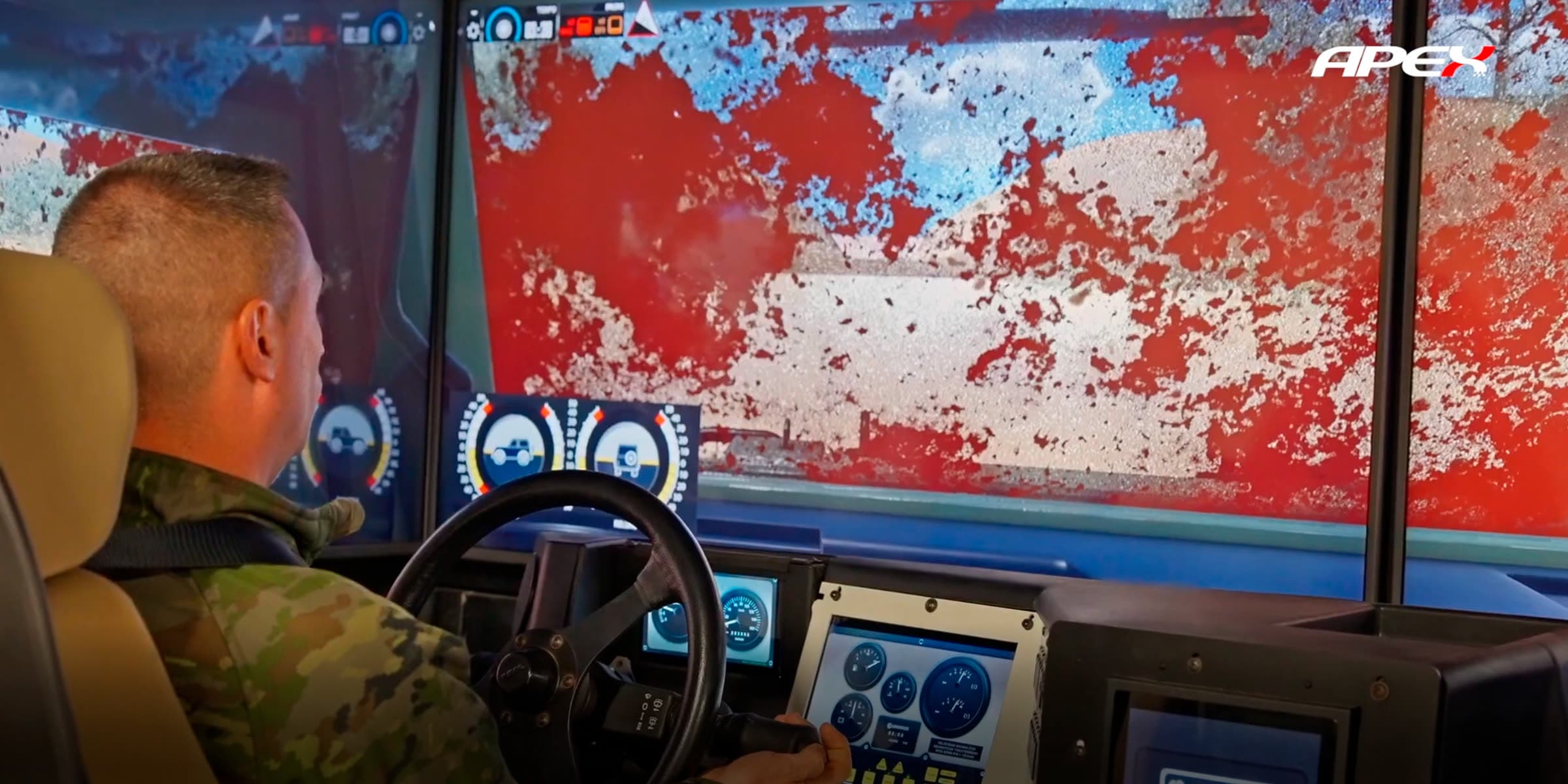 Simulación de un siniestro real reproducido en el simulador de vehículos militares APEX